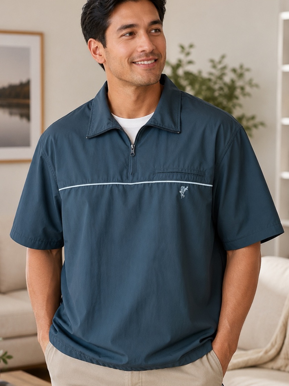 Ashworth Men's Short Sleeve Quarter-Zip Polo Windbreaker Green Pullover. Large